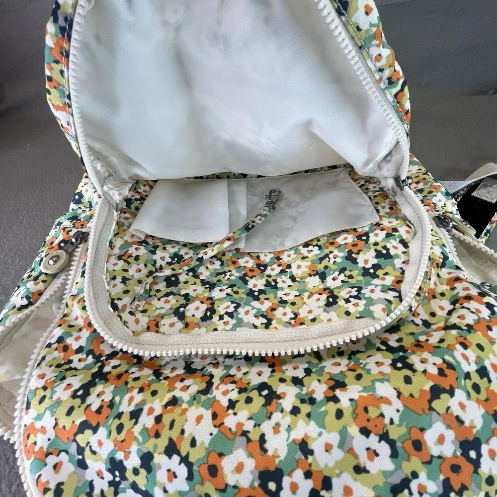 Kipling Laptop Computer Backpack, Fresh Floral Beige Green Orange Commuter Bag